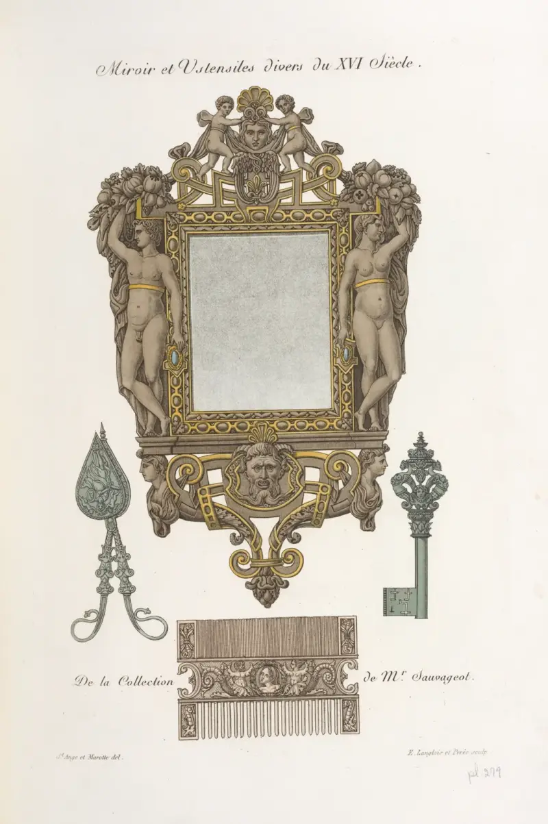 Miroir et ustensiles divers du XVI siècle. von Nicolas Xavier Willemin