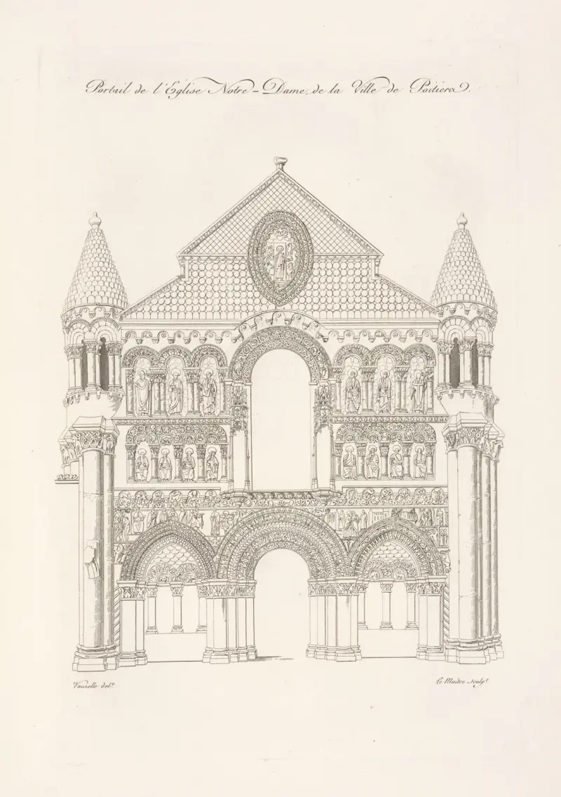 Monumentalt porträtt av kyrkan Notre-Dame i Poitiers av Nicolas Xavier Willemin