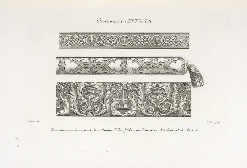 Ornemens du XVIme. siècle. Couronnement d’une porte de maison (no. 11.) Rue du cimetiere St. André-des-Arcs av Nicolas Xavier Willemin