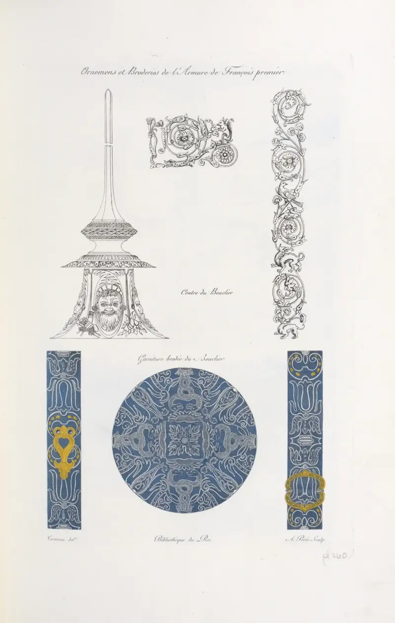 Ornamentik och broderier från Frans I:s rustning. Sköldens mitt. Sköldens broderade beslag. av Nicolas Xavier Willemin