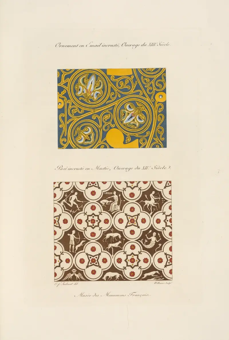 Ornement en émail incrusté, ouvrage du XIIIe. siècle; pavé incrusté en mastic, ouvrage du XIIe. siècle. von Nicolas Xavier Willemin