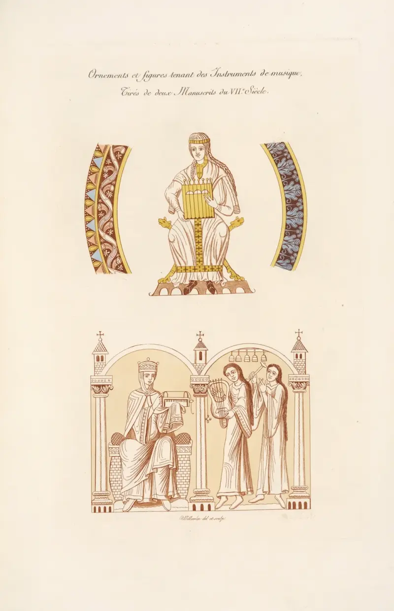Ornamente und Figuren mit Musikinstrumenten, aus zwei Handschriften des 8. Jahrhunderts von Nicolas Xavier Willemin