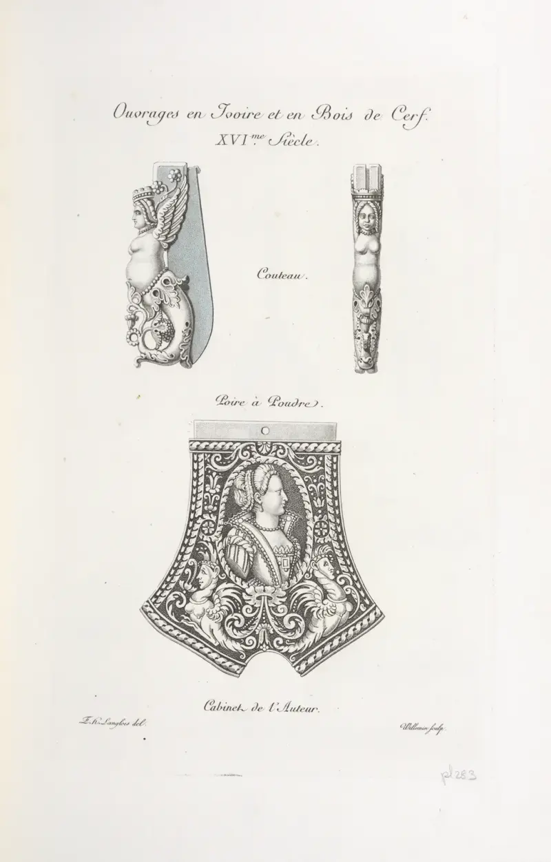 Elfenbens- och hjorthornsarbeten. Kniv. Kruthorn. av Nicolas Xavier Willemin