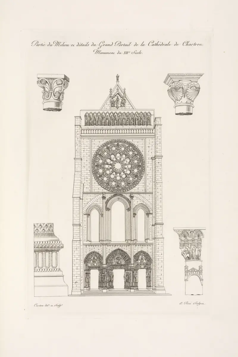 Mittelpartie und Details des großen Portals der Kathedrale von Chartres. Monument des 12. Jahrhunderts von Nicolas Xavier Willemin