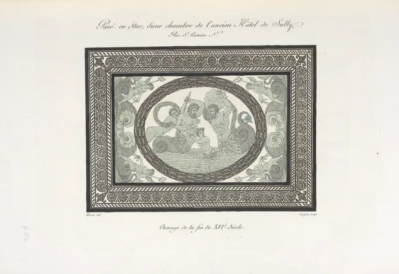 Stuckdecke in einem Saal des alten Hôtel de Sully, Rue St. Antoine von Nicolas Xavier Willemin