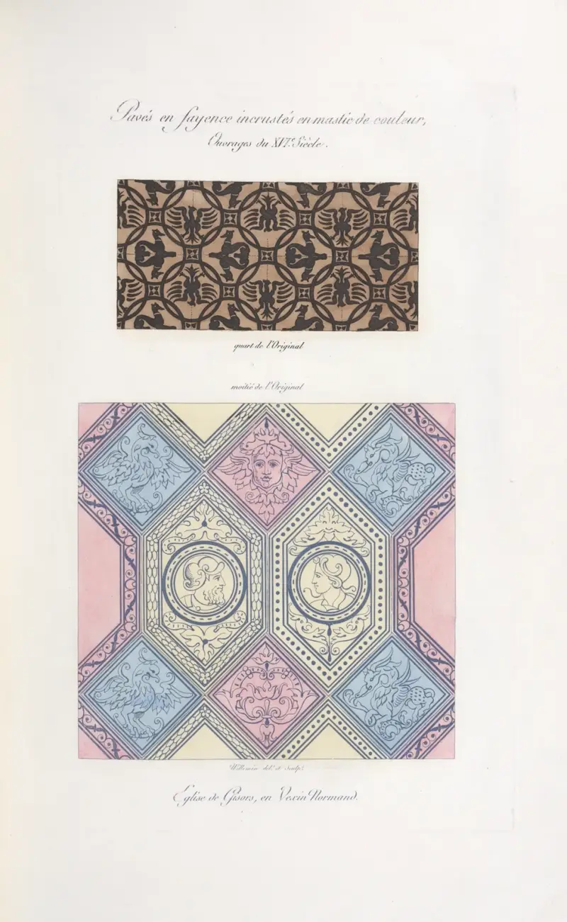 Pavés en fayence incrustés en mastic de couleur, ouvrages du XVIe. siècle. av Nicolas Xavier Willemin