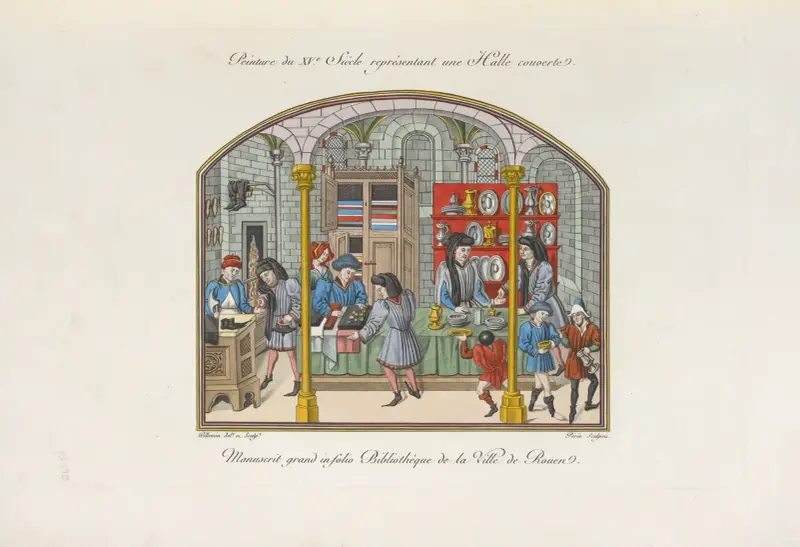 Malerei des 15. Jahrhunderts, eine überdachte Halle darstellend. Großer Infolio-Handschrift aus der Stadtbibliothek von Rouen von Nicolas Xavier Willemin