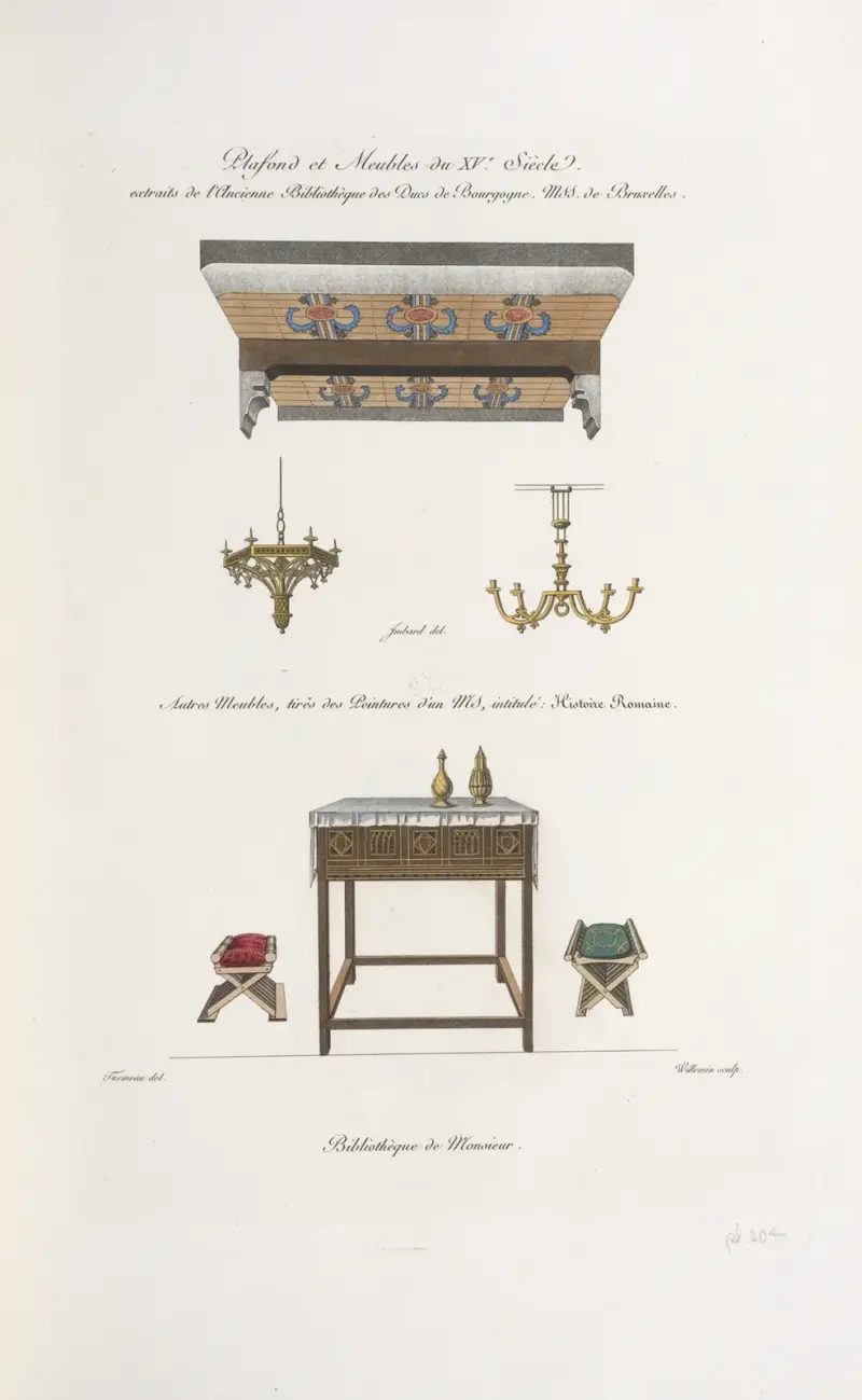 Plafond et meuble du XVe. siècle. Extraits de l’ancienne bibliothèque des ducs de Bourgogne. MSS. de Bruxelles av Nicolas Xavier Willemin