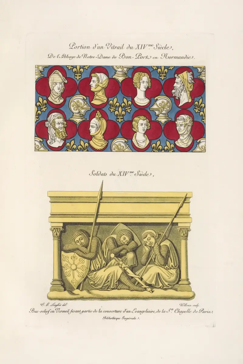 Portion d’un vitrail du XIVme. siècle, […] soldats du XIVme. siècle, […] av Nicolas Xavier Willemin