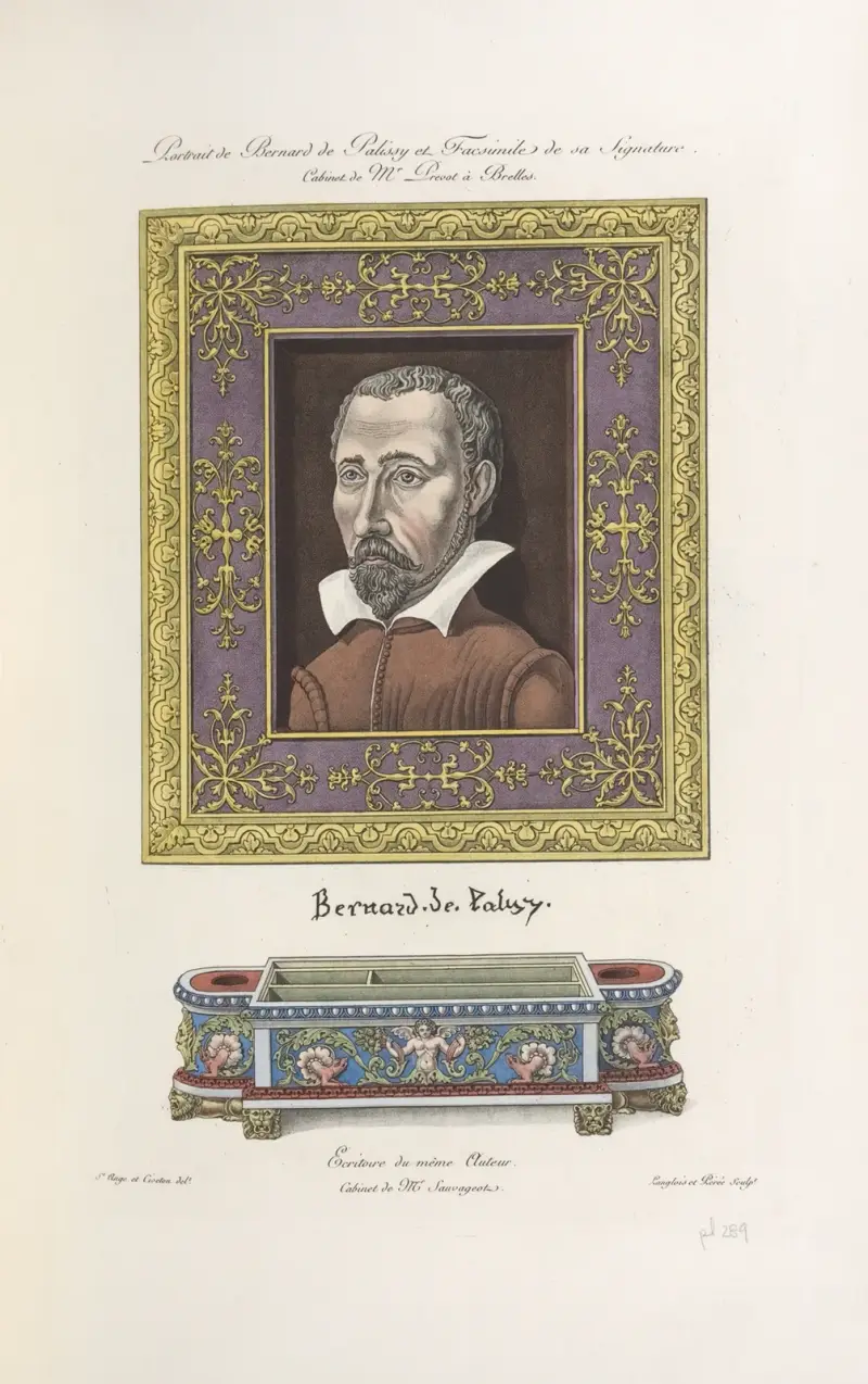 Porträtt av Bernard de Palissy och faksimil av hans signatur. Mr. Prevots kabinett i Brelles. Samma upphovsmans skrivdon. av Nicolas Xavier Willemin