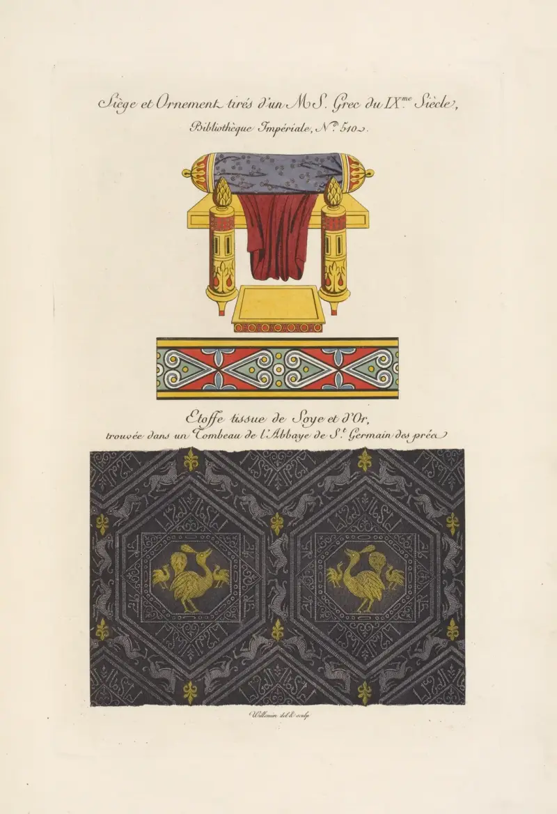 Sièges et ornemens tirés d’un MS. grec du IXme. siècle, […] Étoffe tissue de soye et d’or, trouvée dans un tombeau […] av Nicolas Xavier Willemin