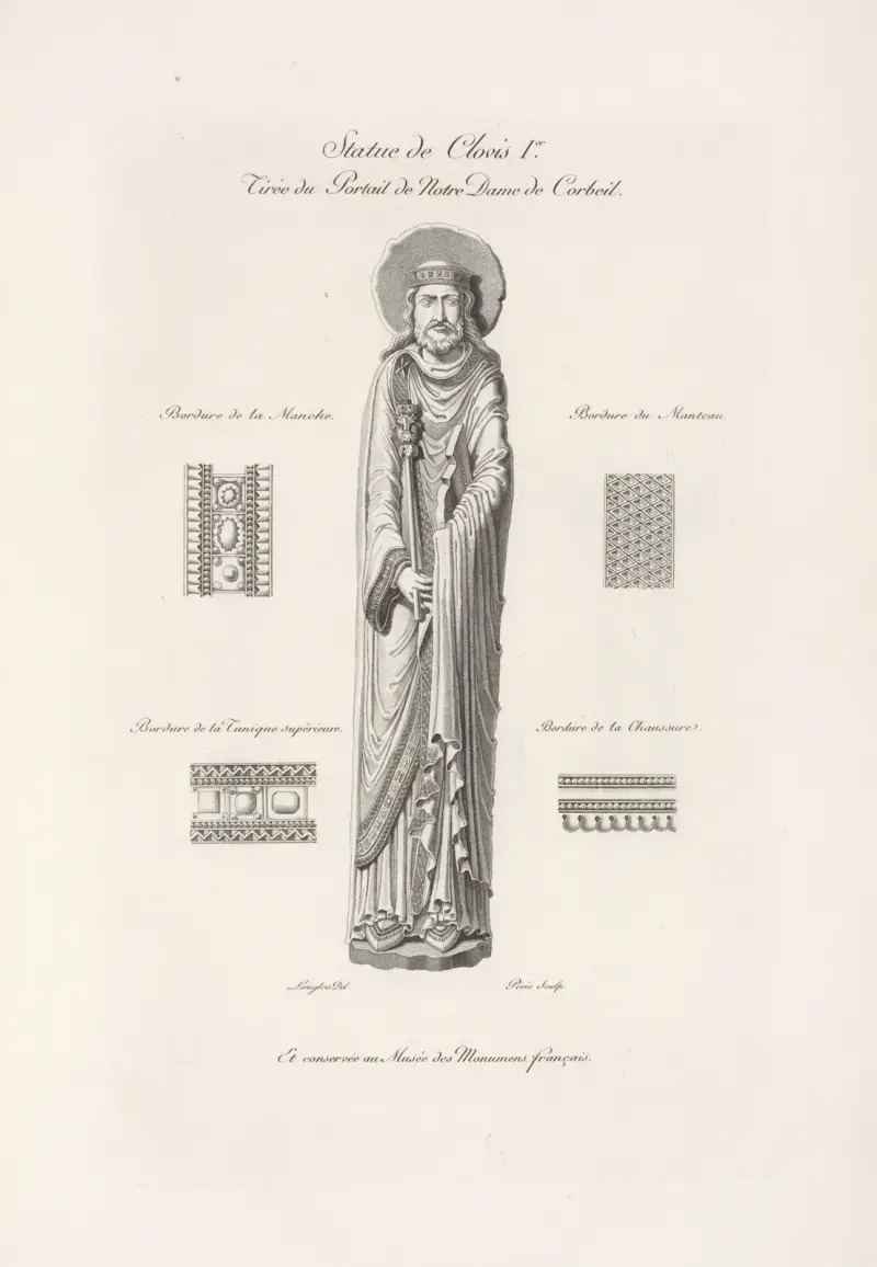 Statue de Clovis Ier. Tirée du portail de Notre Dame de Corbeil. av Nicolas Xavier Willemin