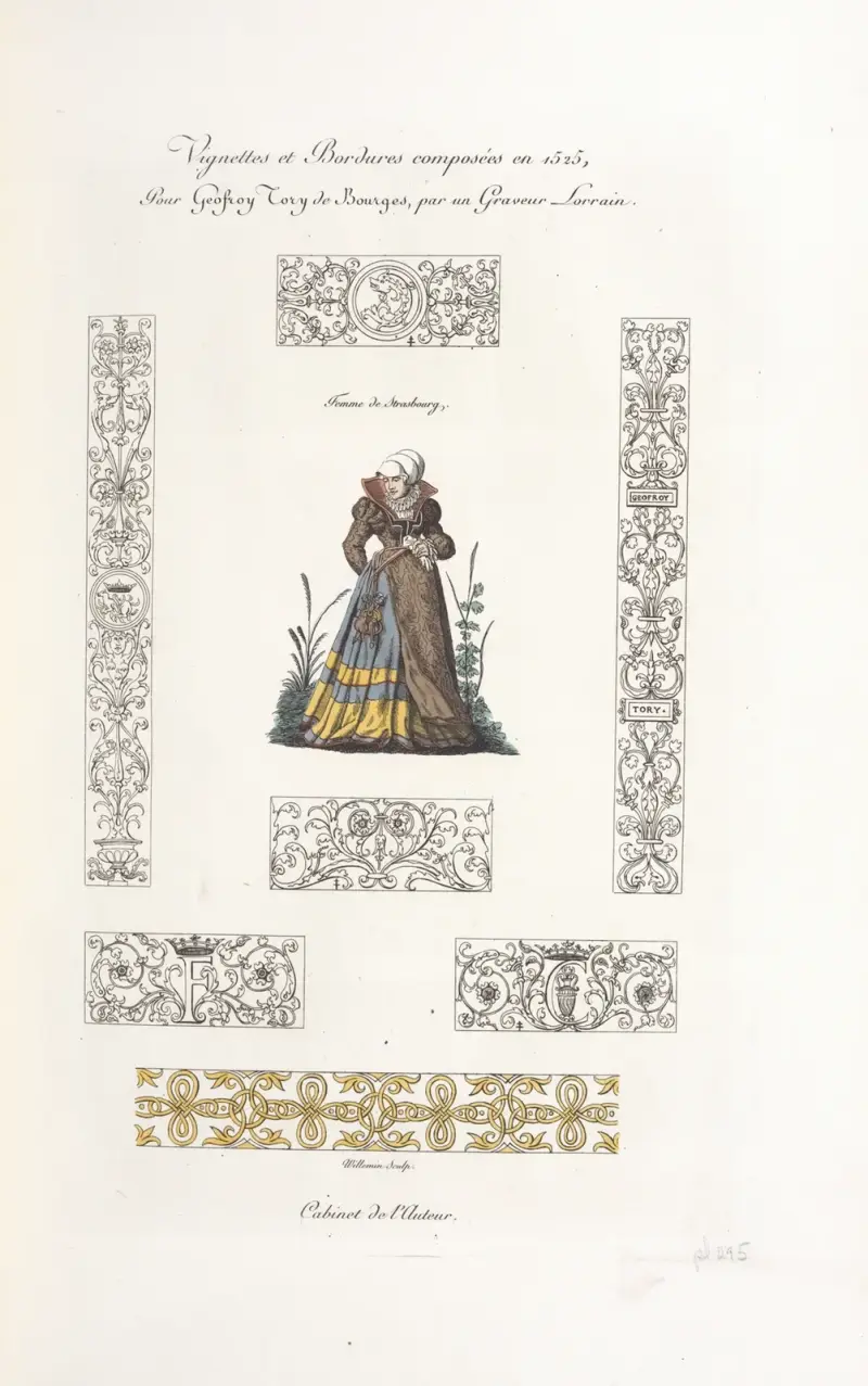 Vinjetter och bårder komponerade 1525 för Geofroy Tory från Bourges, av en gravör från Lorraine av Nicolas Xavier Willemin