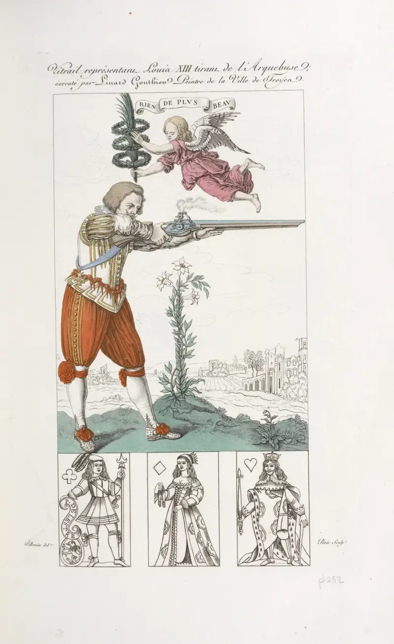 Glasmålning föreställande Ludvig XIII skjutande med arkebus av Nicolas Xavier Willemin