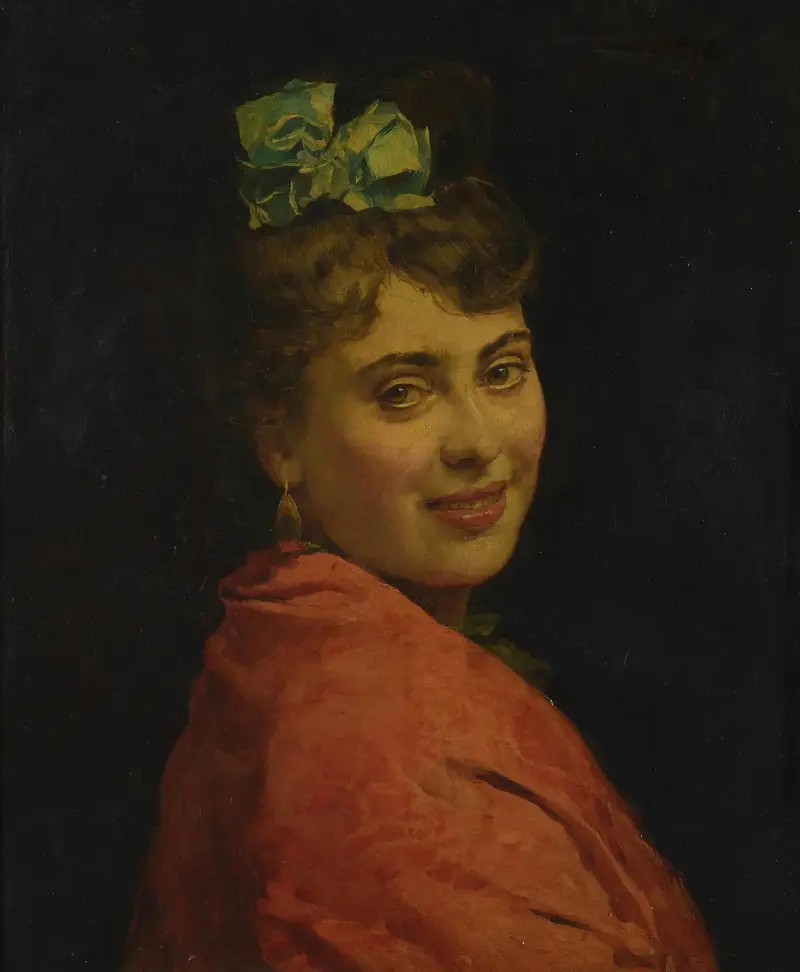 A portrait of a lady with a red shawl av Raimundo de Madrazo y Garreta