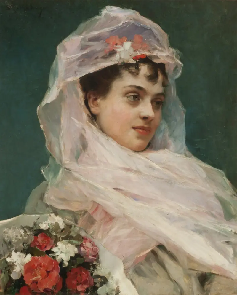 Aline Masson med gasbindande huvudbonad av Raimundo de Madrazo y Garreta