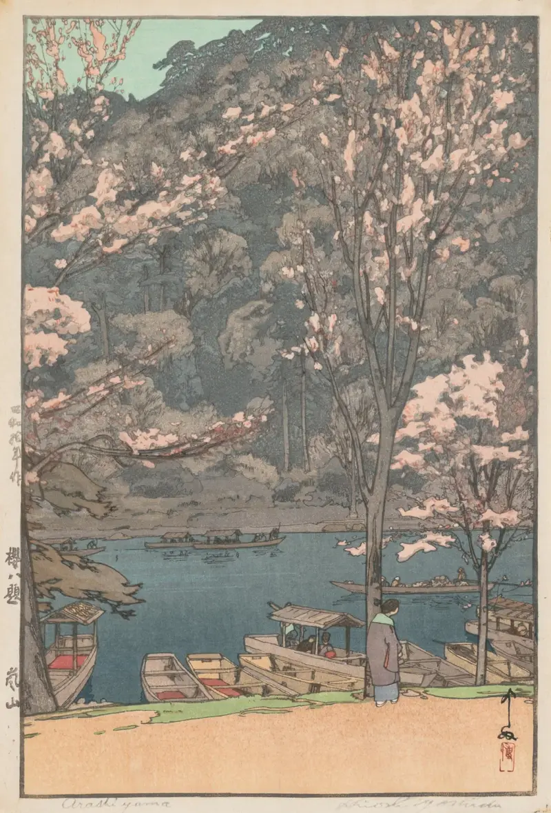 Eight Scenes of Cherry Blossom; Arashiyama av Yoshida Hiroshi