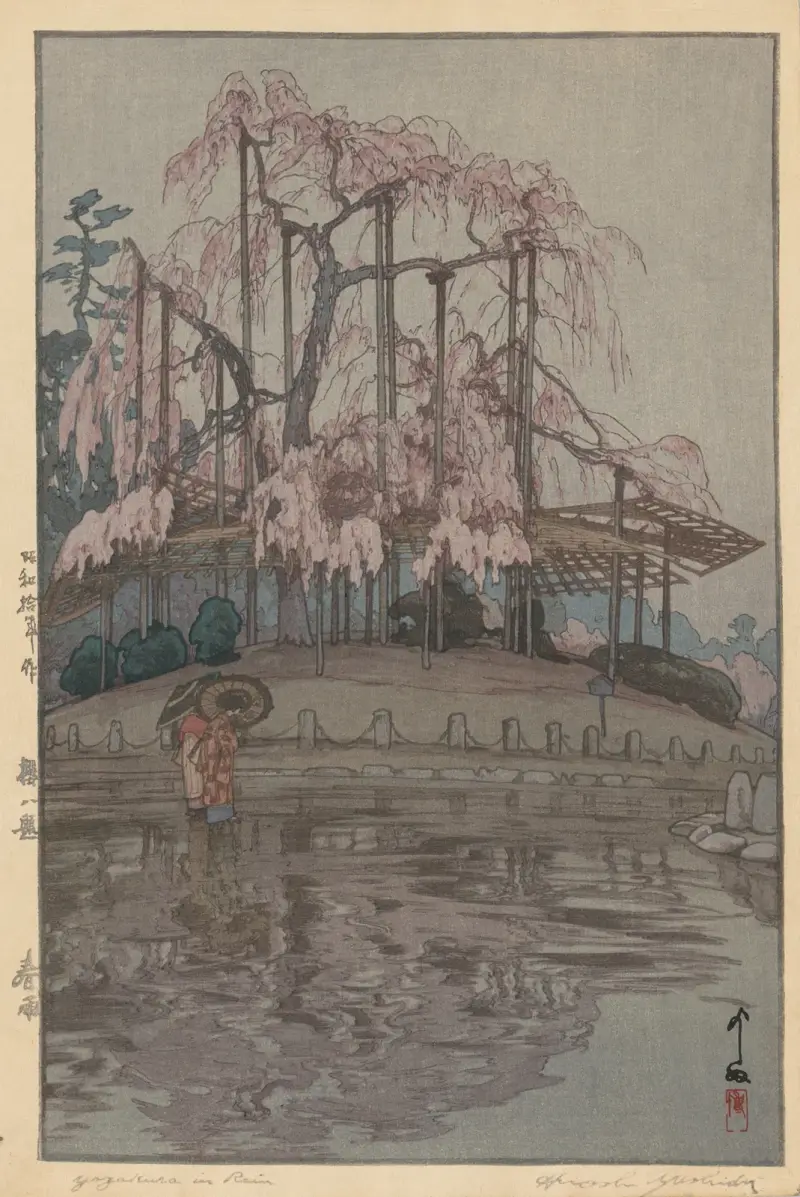 Åtta körsbärsblomsscener: vårregn av Yoshida Hiroshi