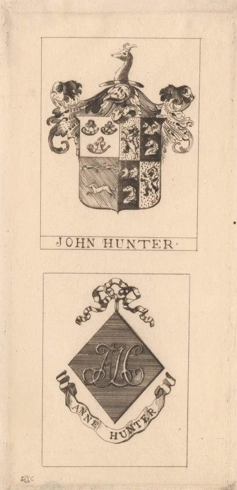 John Hunter’s Book Plate with Armorial Bearings and Mrs. Hunter’s Book Plate with her Monogram av David Young Cameron