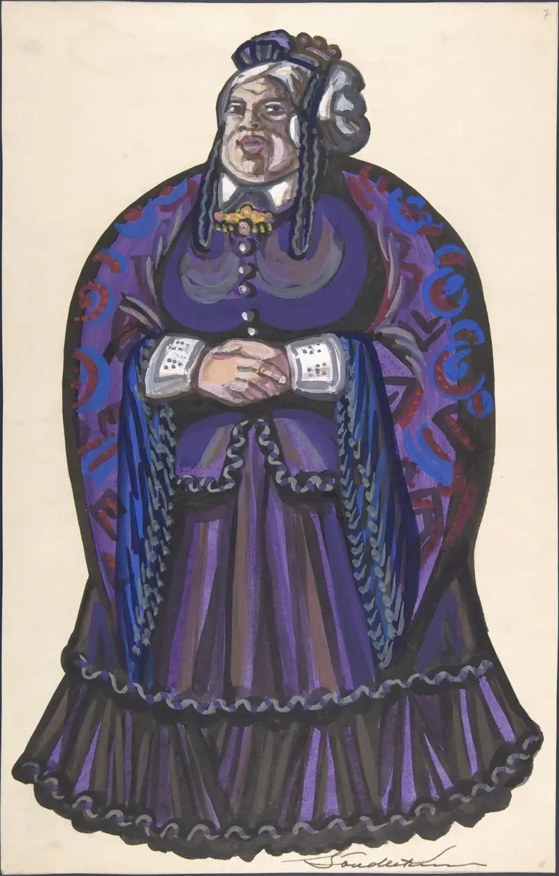 Old Woman in a purple dress av Sergey Yurievich Sudeikin