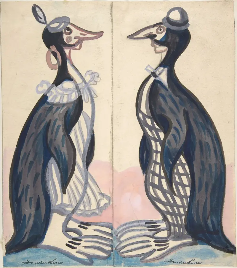 Two penguins , male and female av Sergey Yurievich Sudeikin