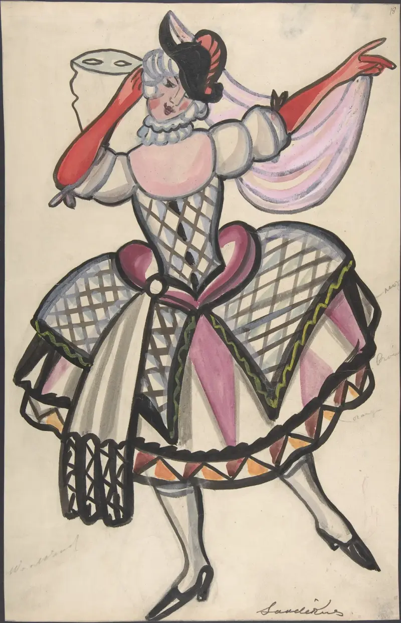 Woman in a harlequin costume holding a mask av Sergey Yurievich Sudeikin