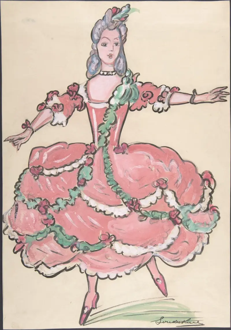 Woman in an elegant pink and green gown av Sergey Yurievich Sudeikin