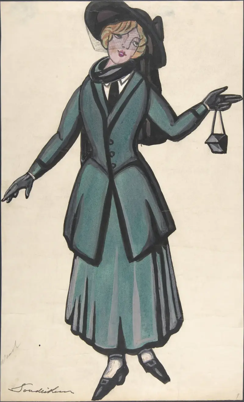 Woman wearing a blue-green suit av Sergey Yurievich Sudeikin