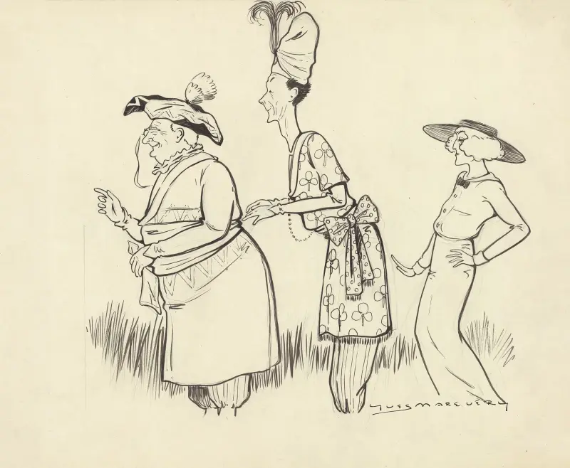 Polin, Morton och Régine Flory i 'La reine s'amuse' av André Barde av Yves Marevéry