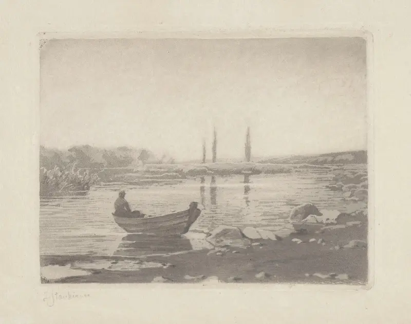 View of a lake with a boat by the shore av Zofia Stankiewicz