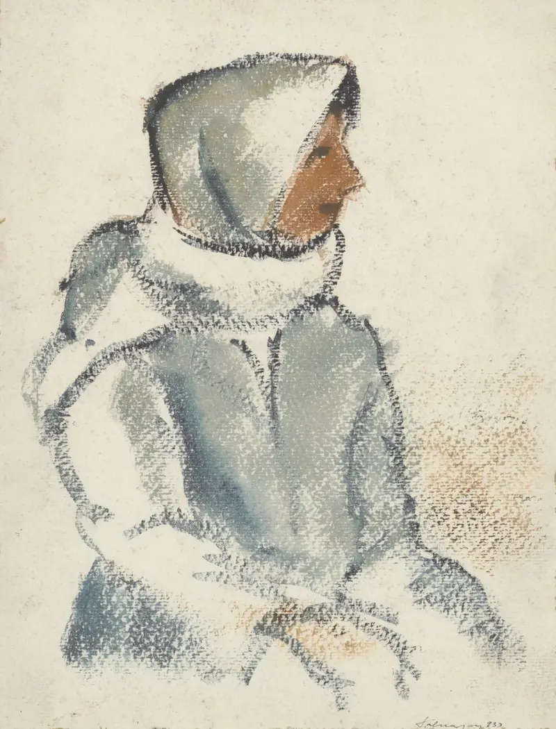 Seated Girl in a White Scarf in Profile av Zolo Palugyay