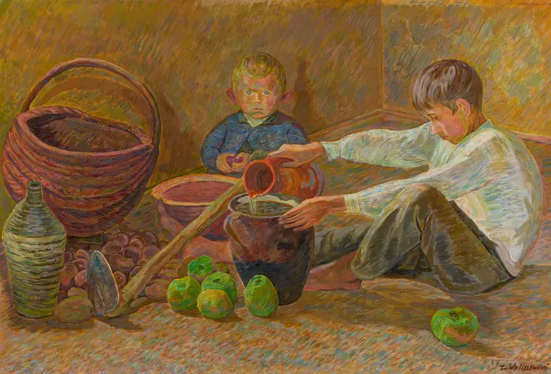 Boys pouring water av Zygmunt Waliszewski